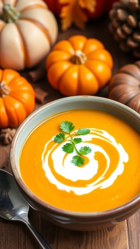 A bowl of pumpkin curry soup with coconut cream and cilantro on a wooden table.
